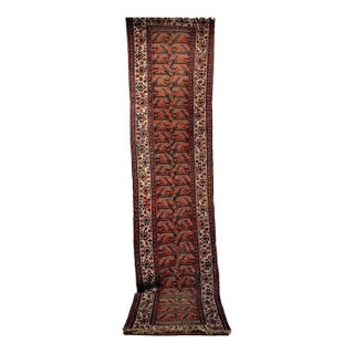 Antique Persian Malayer Runner Rug, Hand-Knotted Wool, Geometric Pattern, 3x16, Red & Ivory For Sale