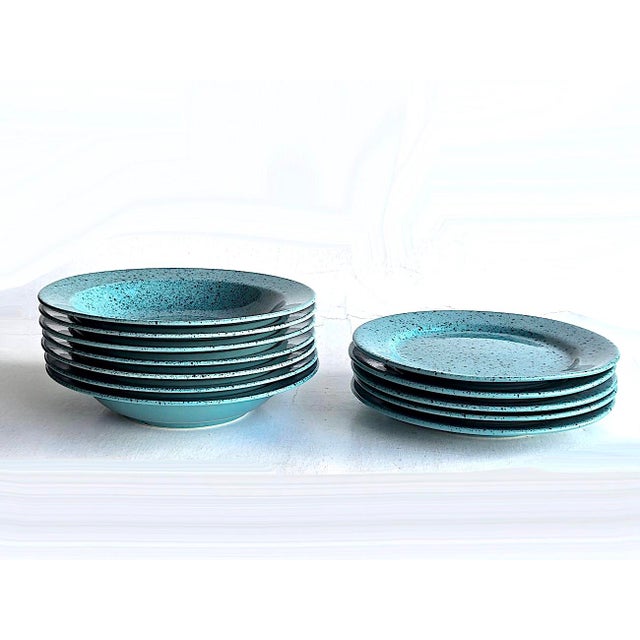 Mid-Century Modern Vintage Japanese Stoneware Speckled Bowls and Plates, 12 Pieces For Sale - Image 3 of 9