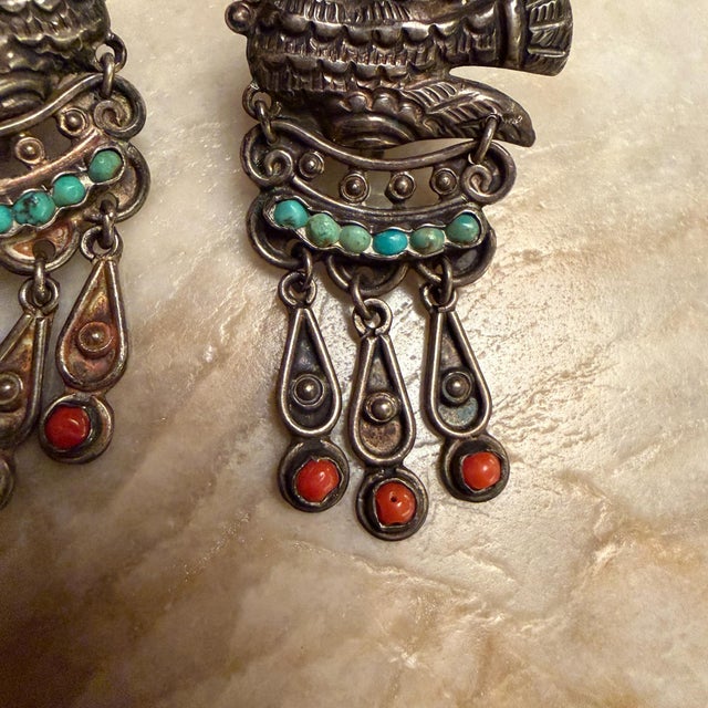 Folk Art Vintage DoveMexican Sterling Silver Earrings Matilde Poulat Matl Turquoise Coral For Sale - Image 3 of 15