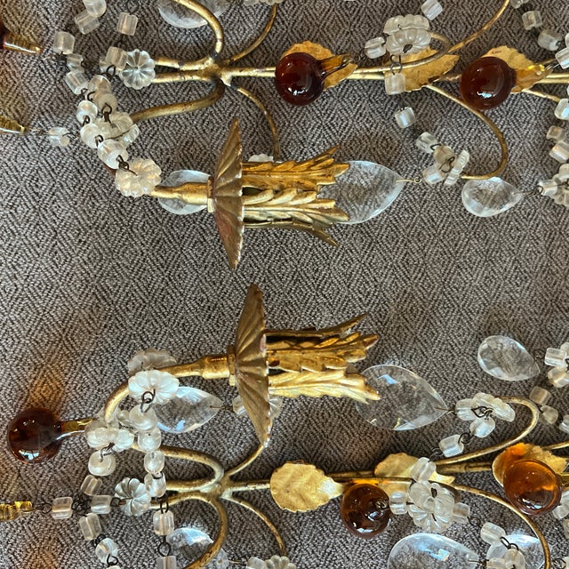 1950s Antique Pair of Italian Gold Gilt & Crystal Candle Sconces For Sale - Image 5 of 12