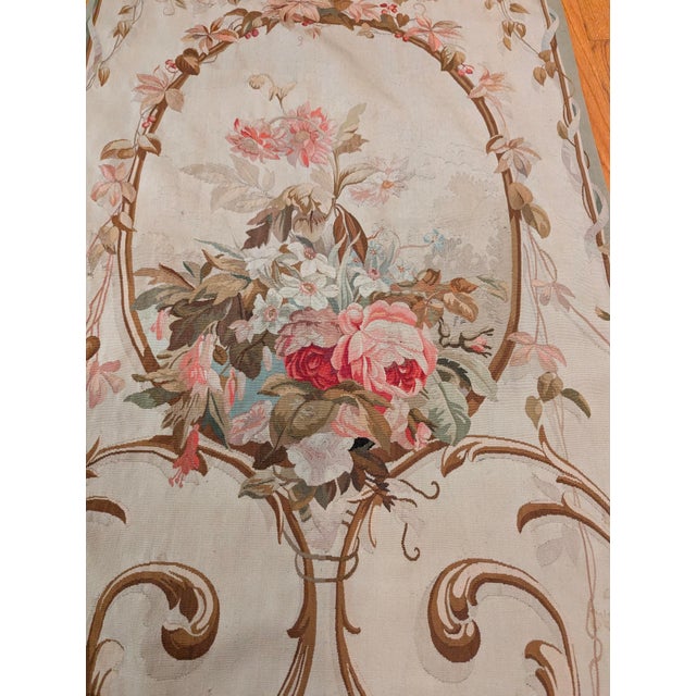 Aubusson Embroidered Tapestry on Vintage Brass Pole With Neoclassical Floral Medallion Motif For Sale - Image 9 of 11