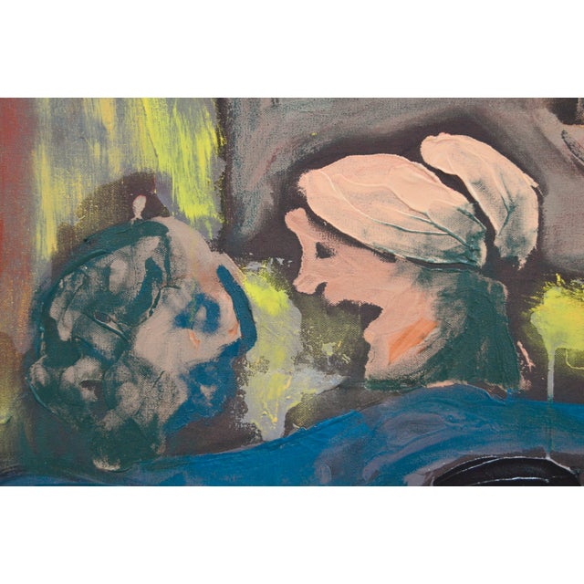 Bold and expressive painting of two people coversing in a theater, with a silhouette of a third figure in the foreground,...