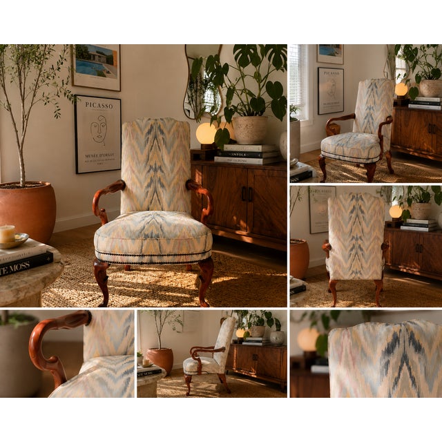 Gorgeous vintage Sam Moore Queen Anne accent chair with a beautifully carved solid wood frame and soft pastel ikat...