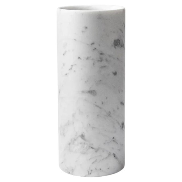 Stone Cylindrical Satin White Carrara Marble Vase For Sale - Image 7 of 7
