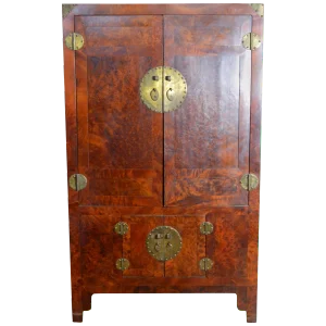 19th Century Chinese Stained Burlwood Four Door Armoire With Brass Hardware