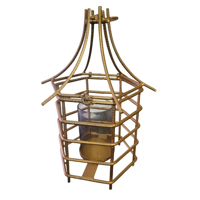 Hollywood Regency Gold Gilt Pagoda Chinoiserie Regency Large Iron Pillar Candle Holders- A Pair For Sale - Image 3 of 7