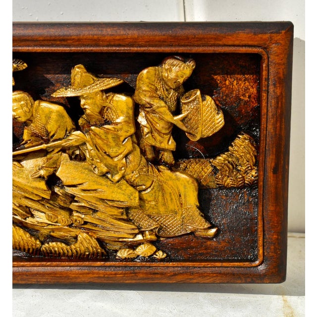 Chinese Antique Chinese Carved Teak Fiqural Plaque W/Gold For Sale - Image 3 of 12