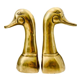 Vintage ‘Sarreid Style’ 1950's Polished Solid Cast Brass Mallard Duck Head Massive Bookends- a Pair For Sale