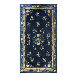 Fascinanting Navy Background and Beige Border Color With Floral-Medallion Design Antique Chinese Peking Gallery Rug