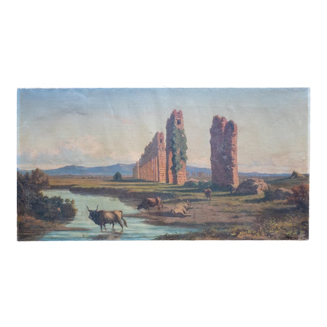 19th Century Italian Landscape Painting of Roman Aqueduct Ruins After Corrodi For Sale