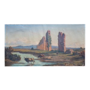 19th Century Italian Landscape Painting of Roman Aqueduct Ruins After Corrodi