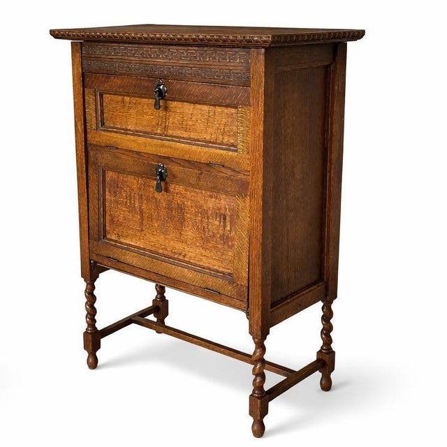 Brown Antique Oak 2-Tier Cabinet with Turned Legs For Sale - Image 8 of 8