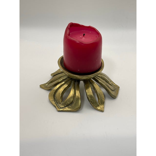 1940s Brutalist Brass Flower Candle Holder For Sale - Image 5 of 11