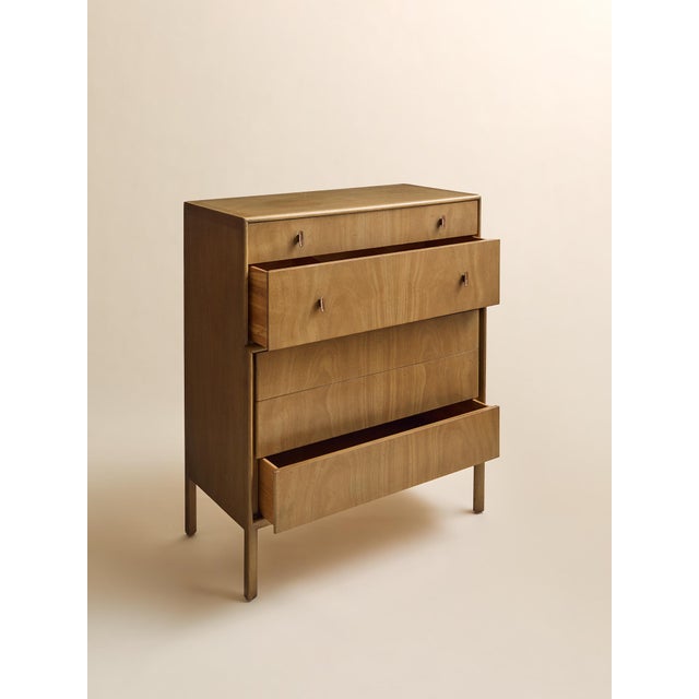 Mount Airy Furniture Company The Vintage Mount Airy 1950s MCM Highboy Dresser With Original Brass and Enamel Inlay Hardware For Sale - Image 4 of 12