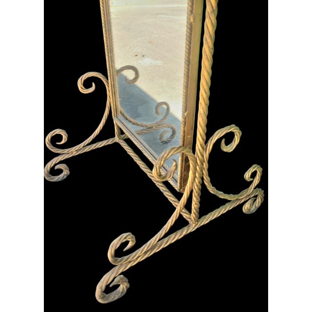 Vintage Italian Florentine Hollywood Regency Gold Gilt Wrought Iron Twisted Rope Metal Cheval Standing Floor Mirror For Sale - Image 10 of 14