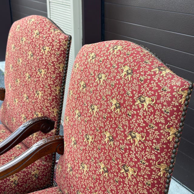 Thomasville Carved French Country Oversized Fireside Open Arm Chairs in Elephant Print Upholstery - a Pair For Sale - Image 9 of 12