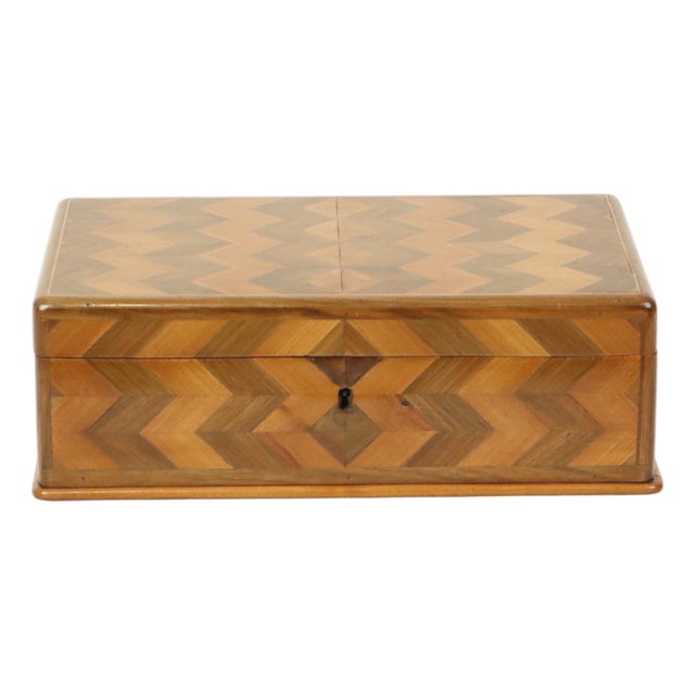 Art Deco Style Wooden Jewelry Box with Chevron Inlay, 1950s For Sale