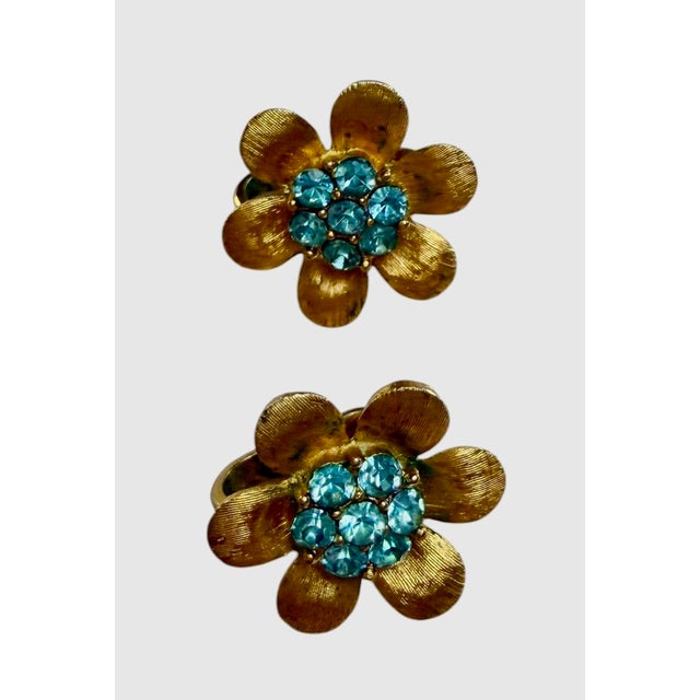 Trifari Vintage Stamped Crown Trifari Gold Tone Brushed and Teal Rhinestone Earrings, A Pair For Sale - Image 4 of 4