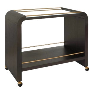 Matthew Izzo Home Myer Espresso and Brass Oak Wood Bar Cart For Sale