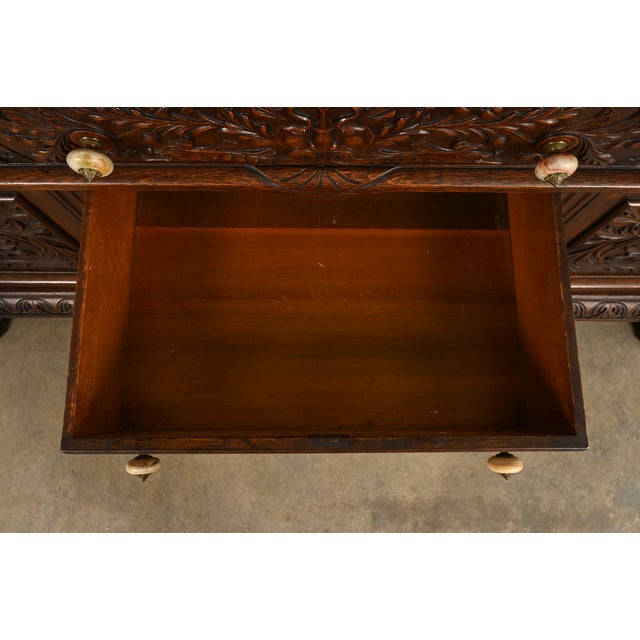 Brown R. J. Horner Style Antique Victorian Renaissance Revival Carved Oak Sideboard Credenza or Bar Cabinet, Circa 1890s For Sale - Image 8 of 12