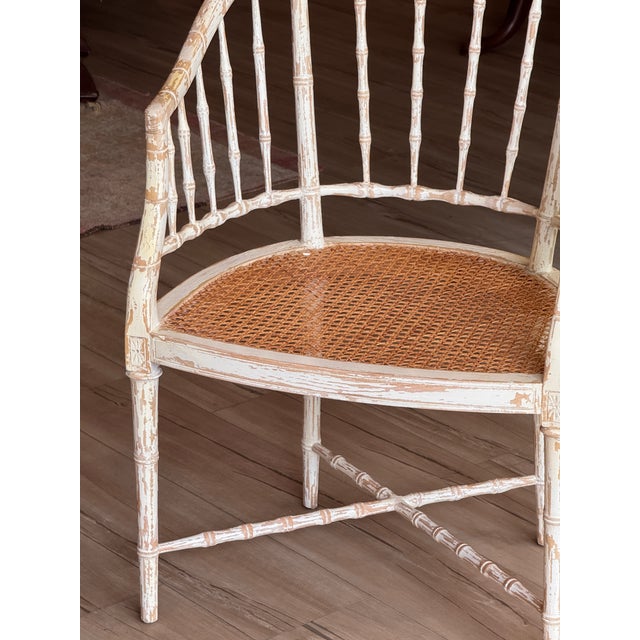 Set of Four Regency Style White Painted Faux Bamboo Armchairs With Cane Seats For Sale - Image 6 of 13