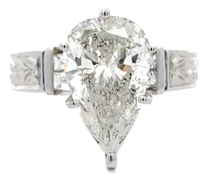 Vintage 4.86 Carat Pear Cut Diamond 18k White Filigree Engagement Ring