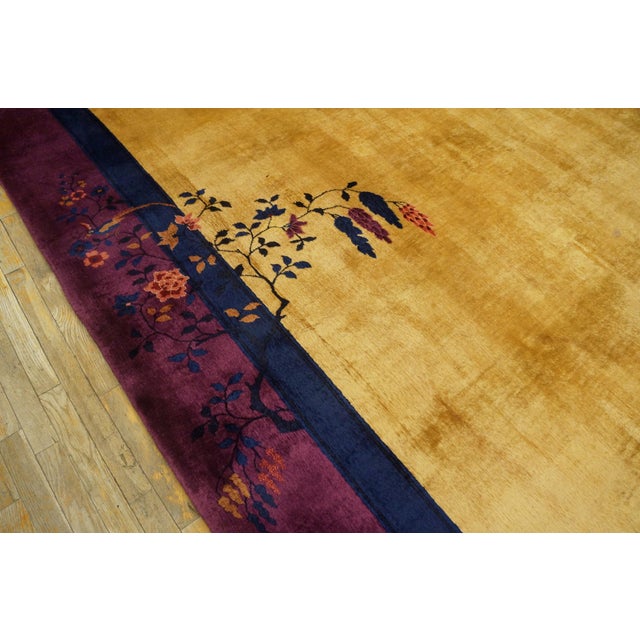 Beautiful Gold Background With Mesmerizing Blue-Purple Border Floral Antique Chinese Art Deco Rug For Sale - Image 4 of 5