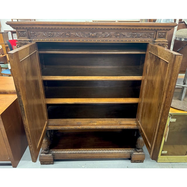Antique French Renaissance Revival Carved Oak Hunt Cabinet / Buffet For Sale - Image 13 of 16