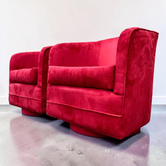 Red Red Suede Swivel Club Chairs - a Pair For Sale - Image 8 of 9