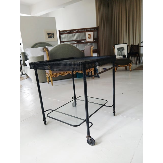 Mathieu Matégot Metal Bar Cart, Glass Lower Shelf, Pleated Apron, France, 1950s For Sale - Image 12 of 17