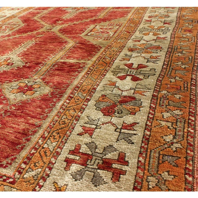 Textile Antique Turkish Oushak Rug With Geometric Design in Red, Light Green, Orange and Cream For Sale - Image 7 of 9