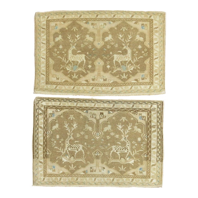 Mid 20th Century Pair of Neutral Tabriz Pictorial Reindeer Mats For Sale