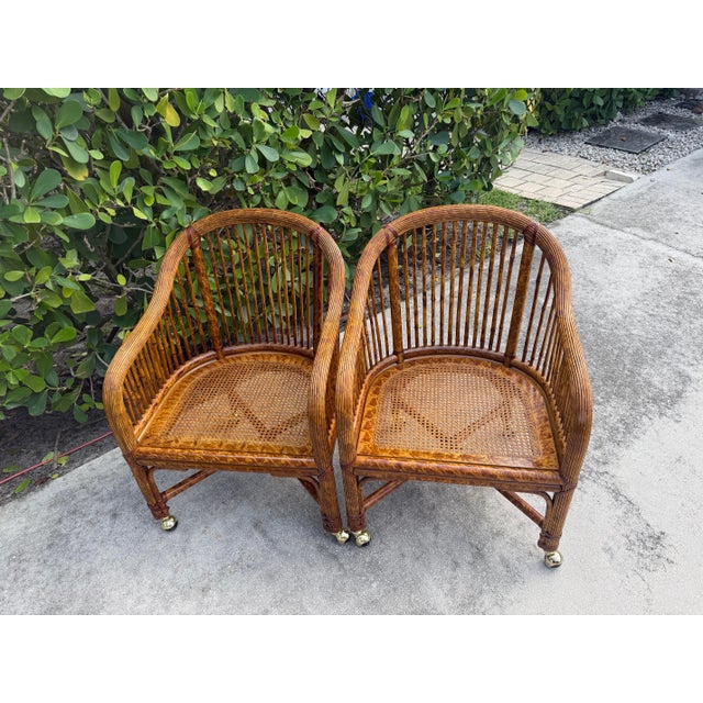 Brown Vintage Burnt Bamboo Rattan & Cane Lounge Chairs on Casters, a Pair For Sale - Image 8 of 12