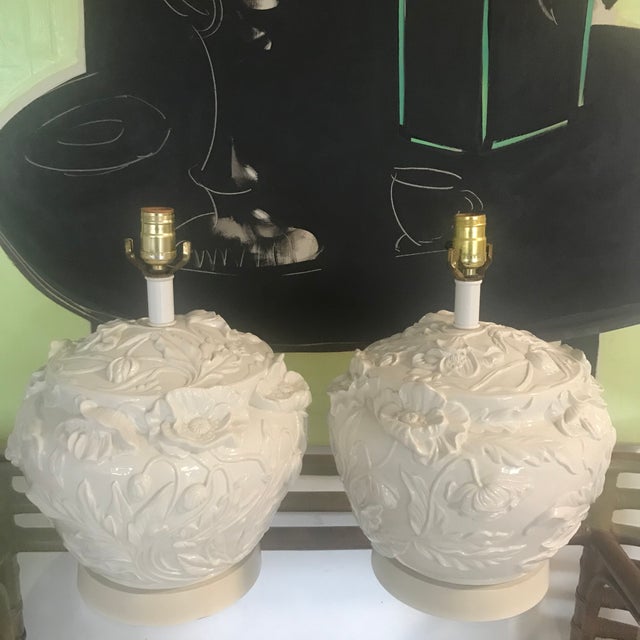 Metal 1960s Italian Ceramic Hamd Made Floral Lamps Blanc De Chine - a Pair For Sale - Image 7 of 7