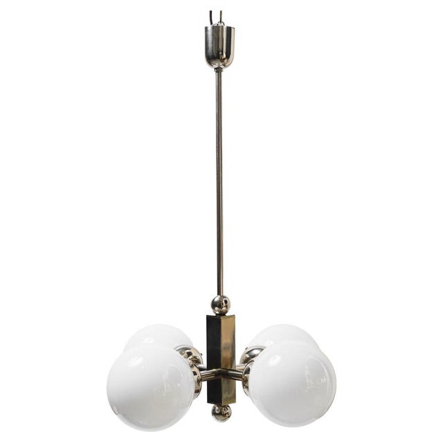 Art Deco Nickel-Plated Pendant Light with Opal Glass Shades, Vienna, 1920s For Sale - Image 16 of 16