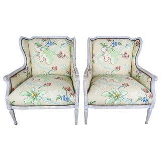French Painted Brunschwig & Fils Upholstered Wingback Armchairs For Sale