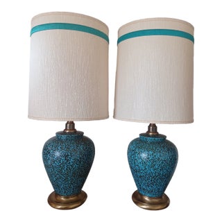 Large Glazed Ceramic Table Lamps With Original Shades - a Pair For Sale