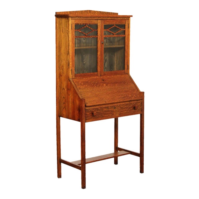 Antique Arts and Crafts Oak Drop Front Secretary Desk For Sale