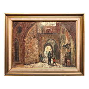 Jerusalem Old City Cityscape Israeli Modernist Oil Painting Signed in Hebrew, c.1950s