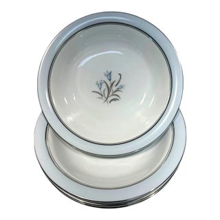 Noritake Bluebell 5558 Rim Soup Bowls Blue Floral Platinum Trim Japan Set of 4 For Sale