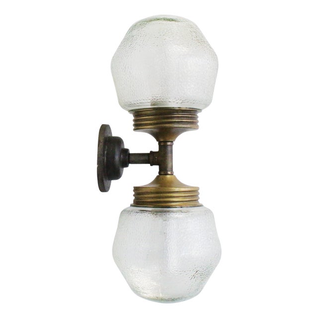 Vintage Cast Iron Double Sconce Wall Lamp in Frosted Glass and Brass For Sale