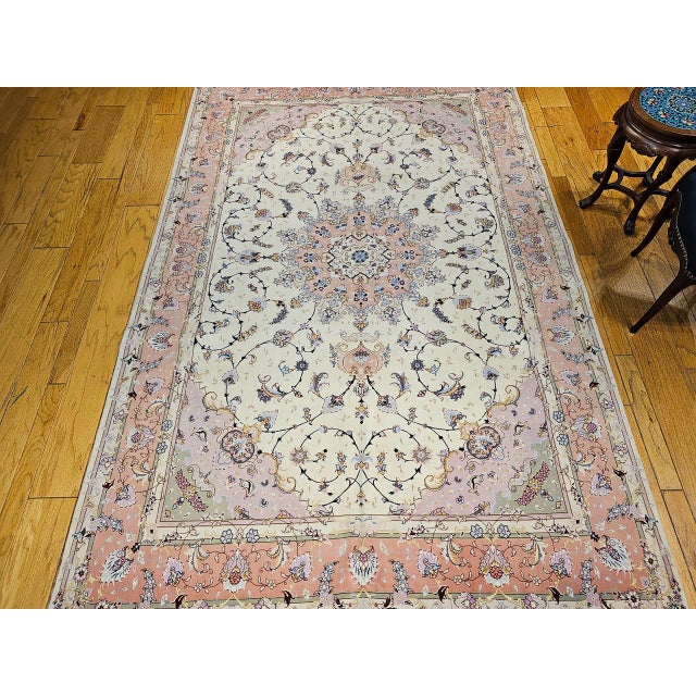 Persian Tabriz Rug, Hand-Knotted Wool & Silk, Fine Floral Pattern, Ivory & Pink, 7x10 For Sale - Image 3 of 15