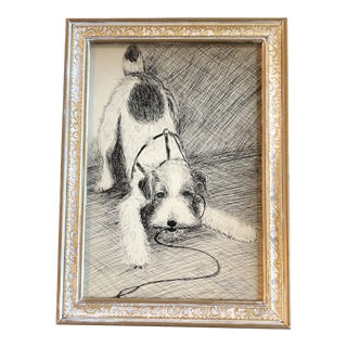 1950’s Original Terrier Dog Playing Pen & Ink Drawing Framed For Sale