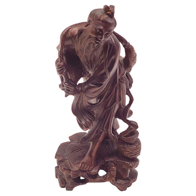Republic Period Chinese Carved Wood Statue of a Fisherman, 1900s For Sale - Image 9 of 9