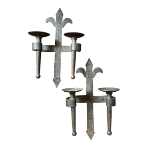 Antique Large Heavy French Fleur De Lis Wrought Iron Four Torch Candle Sconces - A Pair
