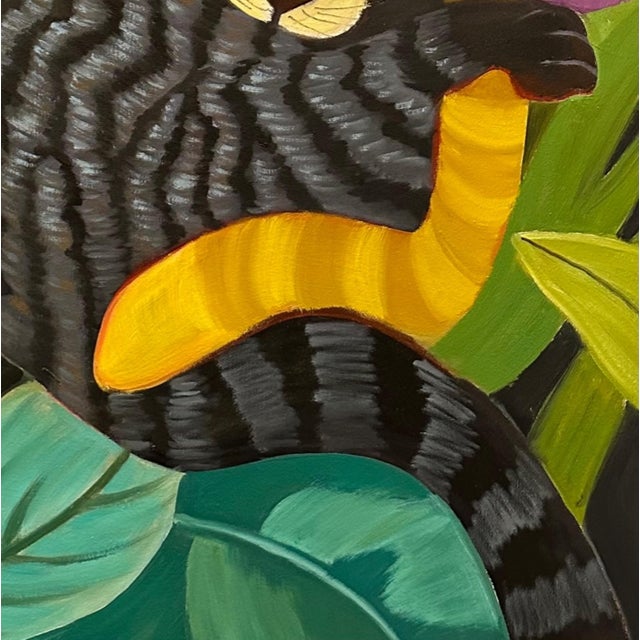 Marc Zimmerman "Paws in Play" Oil Painting, Two Cats in Tropical Jungle, Black and Gold Cats, Pink Hibiscus, Contemporary Art West Coast For Sale In Monterey, CA - Image 6 of 9