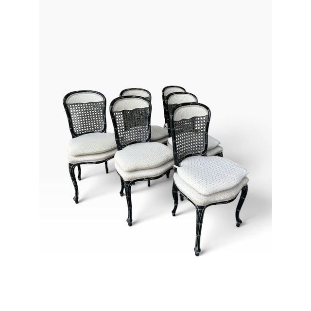 Chinoiserie Vintage Chinoiserie Dark Jade Green Lacquer Faux Bamboo Cane Dining Chairs - Set of 6 For Sale - Image 3 of 18