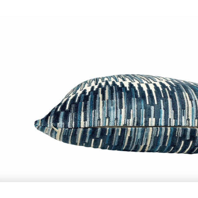 Blue Multi Zigzag Velvet Throw Pillow With Feather Down Insert For Sale - Image 4 of 6