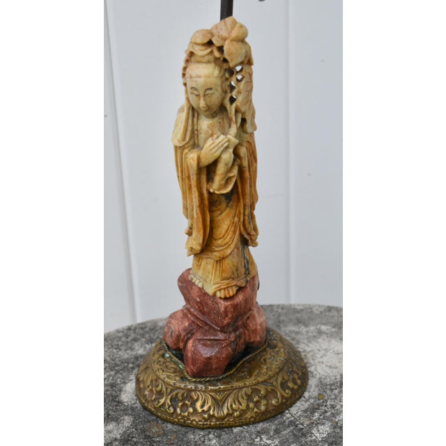 Antique Carved Soapstone Lamp of the Goddess Guanyin on Ornate Brass Base For Sale - Image 10 of 12