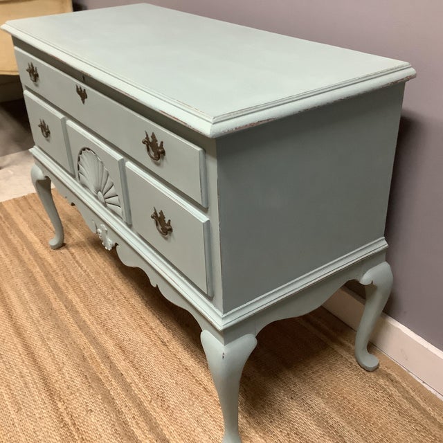 1970s Queen Anne Standing Trunk Cedar Lined PTD Light Blue Chalk Paint Faux Drawers For Sale - Image 9 of 12